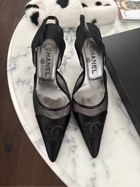 RARE Vintage CHANEL Black Satin Pointed Toe CC Slingback Heels